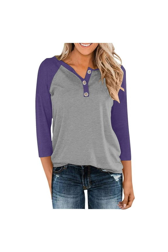 Women's Casual 3/4 Sleeve T Shirts Button V Neck Tunic Blouses Color Block Basic Tee Tops Loose Fit Summer Shirt
