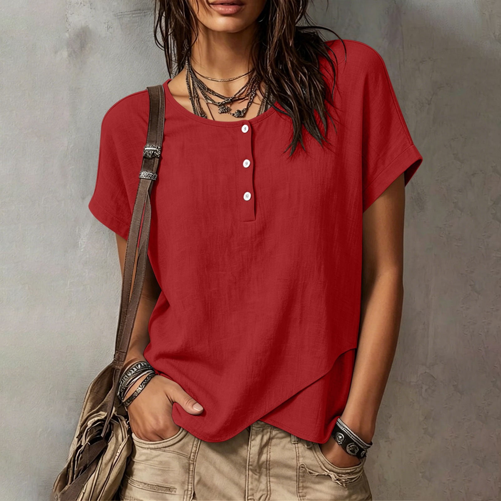 BADHUB Women's Cotton Gauze Tops Summer Short Sleeve Button Neck Henley ...