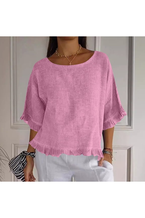 Women's Cotton Linen Blouse Ruffle Pleated Hem Tops Loose Casual T Shirt Half Sleeve Crewneck Basic Tee Shirts Pink 2XL