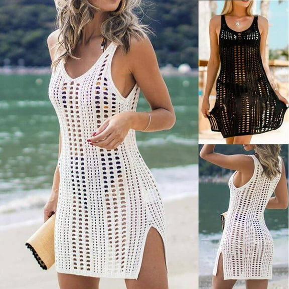 BADHUB Women's Crochet Swimsuit Coverup - Lightweight Bikini Cover Ups Dress Bathing Suit for Beach Vacation White M