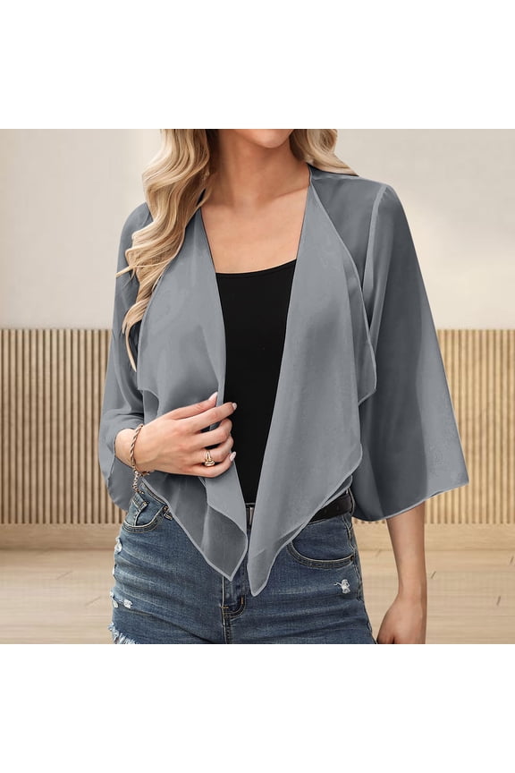 Women's Cropped Shrug Bolero Short Sleeve Open Front Chiffon Cardigan Shawl Cape Blouse Gray L