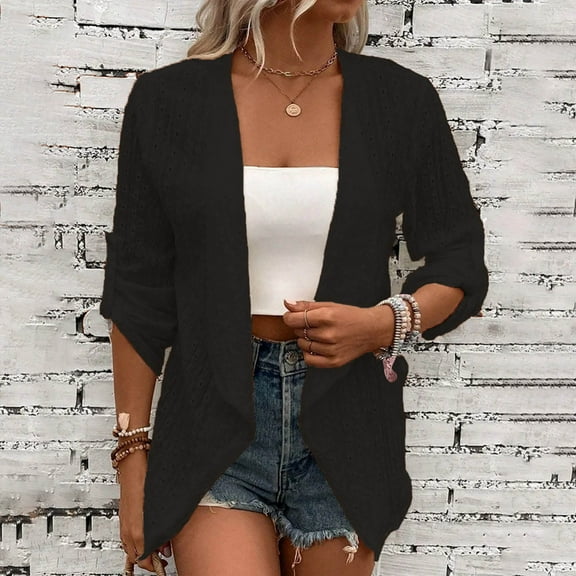 BADHUB Women's Eyelet Cardigan Open Front Lightweight Suit Hollow Out Shrugs Sweater Roll Up See Through White Jakcet Business Black 2XL