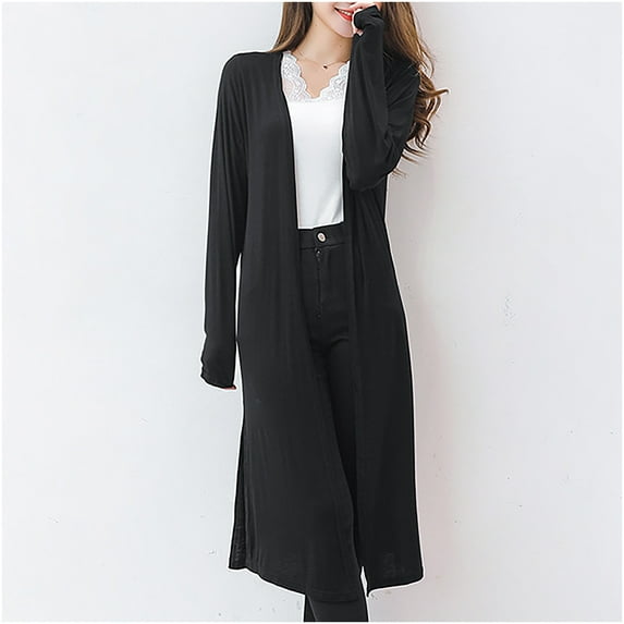 BADHUB Women's Fall Trendy Long Cardigans Sweater Lightweight Open Front Long Sleeve Maxi Duster Coats with Pockets Black XL