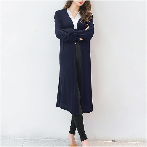 BADHUB Women's Fall Trendy Long Cardigans Sweater Lightweight Open Front Long Sleeve Maxi Duster Coats with Pockets Navy L