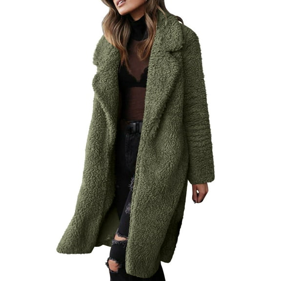 BADHUB Women's Fuzzy Fleece Lapel Open Front Long Cardigan Coat Faux Fur Warm Winter Outwear Jackets Army Green M