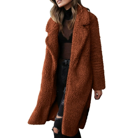BADHUB Women's Fuzzy Fleece Lapel Open Front Long Cardigan Coat Faux Fur Warm Winter Outwear Jackets Coffee XL