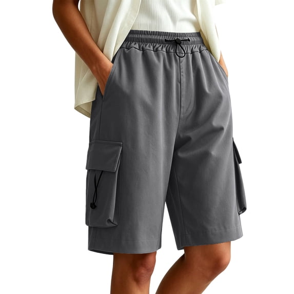 BADHUB Women's Long Shorts with 4 Pockets Knee Length Hiking Bermuda Shorts Lightweight Quick Dry Cargo Capris Gray L
