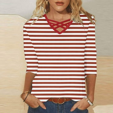BADHUB Women's Plus Size Stripes Print Shirts Casual 3/4 Lenght Sleeve Tops Dressy Criss Cross V Neck T-Shirt Loose Fit Lightweight Tunics Summer Clothes 2024