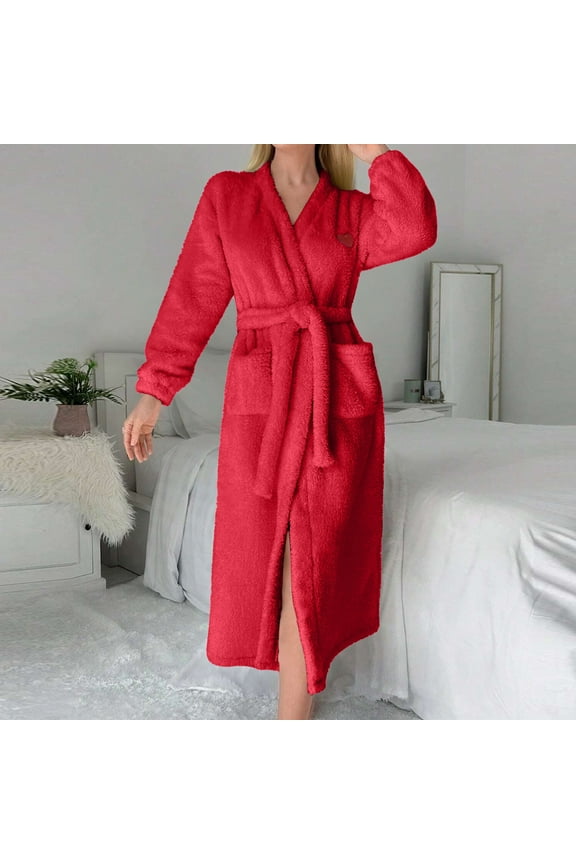 Women's Robe Soft Plush Fleece Hooded Spa Bathrobe Red M