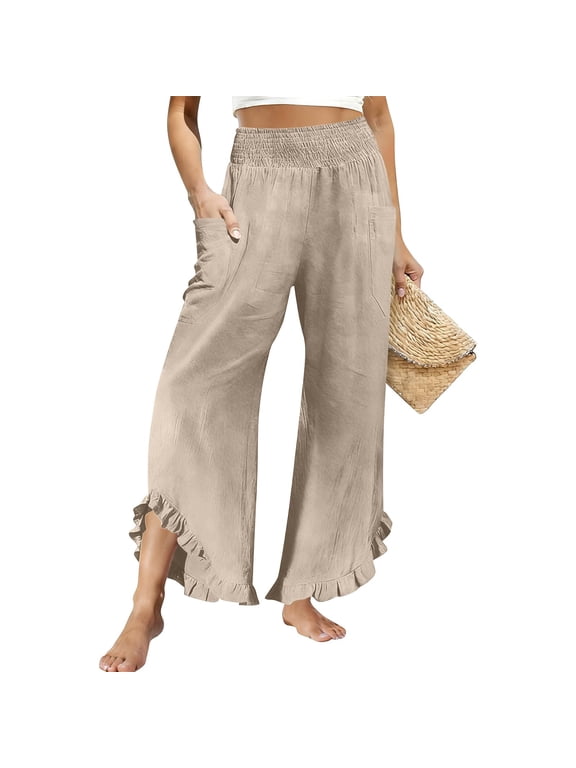 Women's Ruffle Wide Leg Pant Elastic High Waist Palazzo Pants Dressy Casual Flowy Trousers with Pockets Khaki L