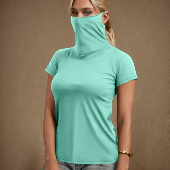 BADHUB Women's Short Sleeve Rash Guard with Face Cover Neck Gaiter UPF 50  Swim Shirts Sun Lightweight Quick Dry Hiking Tops Mint Green XXL