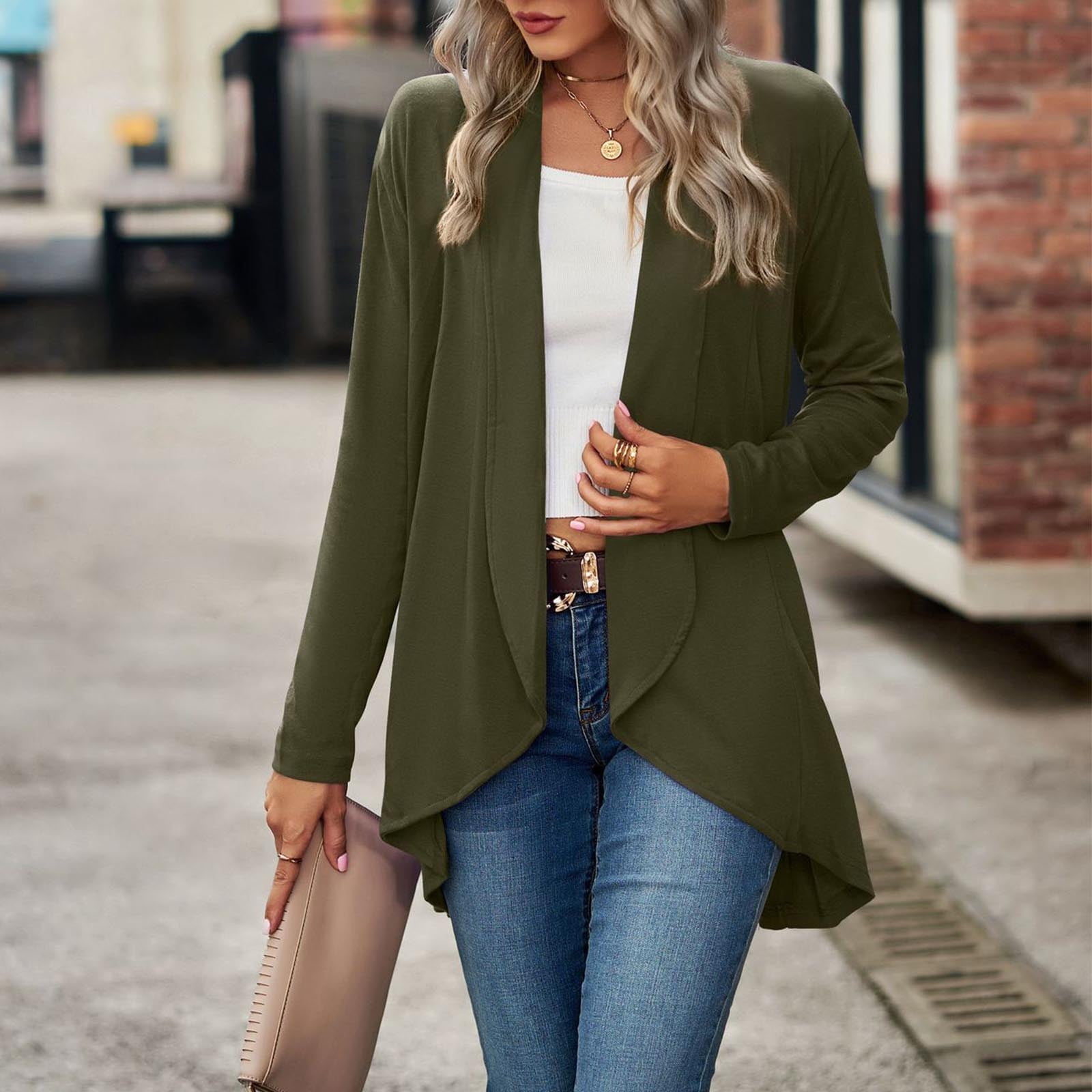 LazyCozy Women's Lightweight Open Front Cardigan - Long Sleeve Draped Jersey Sweater With Thumb Holes - View #10