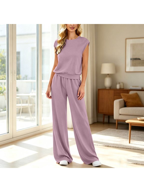 Women's Summer 2 Piece Lounge Sets Cap Sleeve Tops Wide Leg Pants Workout Sets Loose Casual Tracksuit Purple M