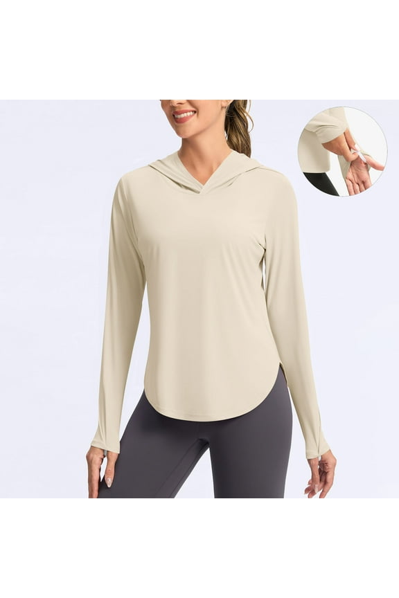 Women's UPF 50+ Sun Protection Hoodie Shirts Long Sleeve UV SPF Rash Guard Hiking Quick Dry Lightweight Hooded Tops with Thumb Holes S-2XL Beige