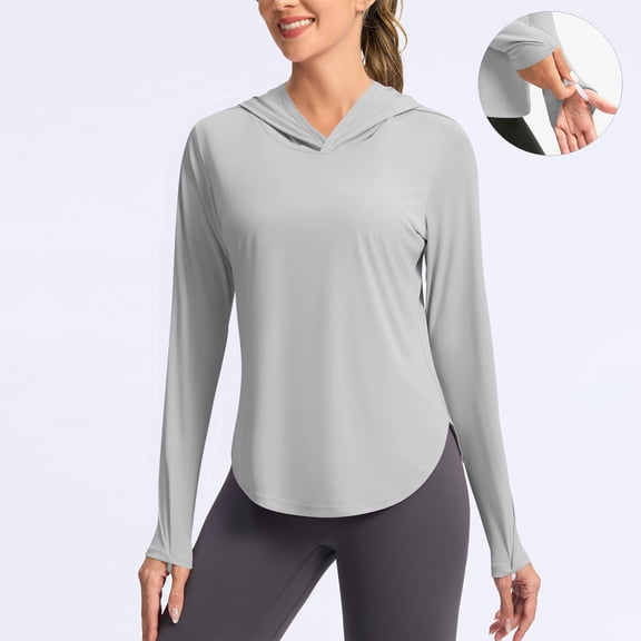 BADHUB Women's UPF 50+ Sun Protection Hoodie Shirts Long Sleeve UV SPF Rash Guard Hiking Quick Dry Lightweight Hooded Tops with Thumb Holes S-2XL Gray