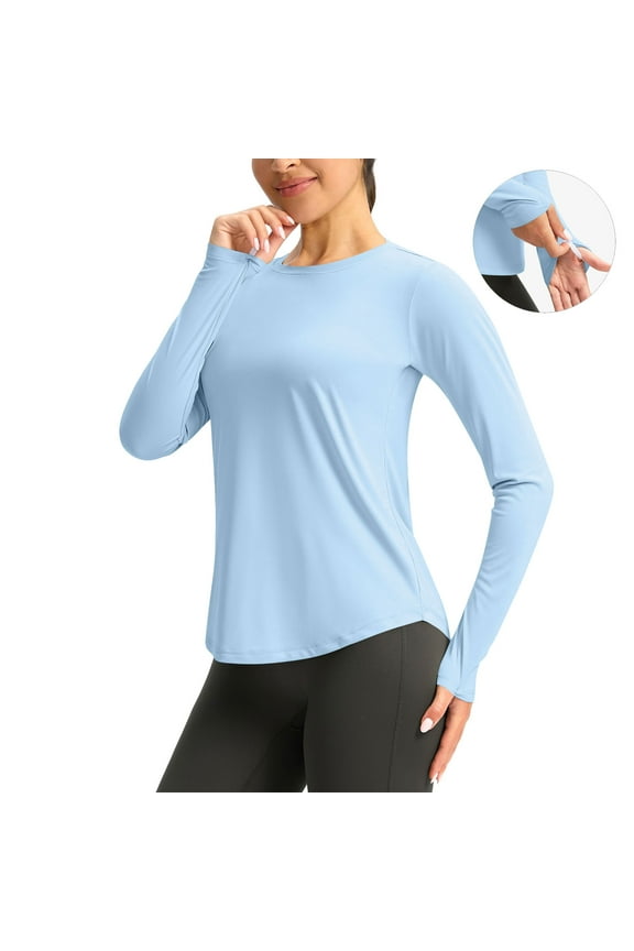 Women's UPF 50+ Sun Shirts UV Protection Long Sleeve Rash Guard Lightweight Quick Dry SPF Outdoor Hiking Tees with Thumb Holes S-2XL Light Blue