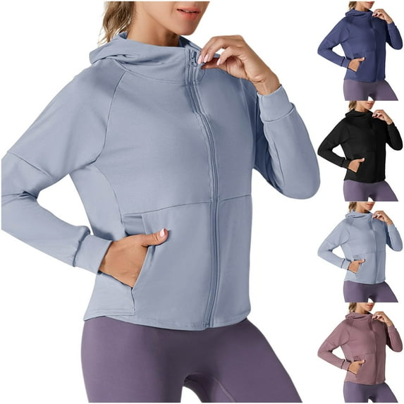 BADHUB Women's Yoga Sun-Protective Jacket Cropped Running Workout Full Zip Slim Fit Athletic Hooded Tops with Pockets Purple XXL