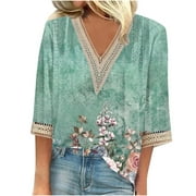 BADHUB Womens 3/4 Sleeve Sweatshirts Trendy V Neck Blouses with Lace Edge Blouse Loose Fit Lightweight Comfy Pullover Casual Floral Print Shirt on Clearance