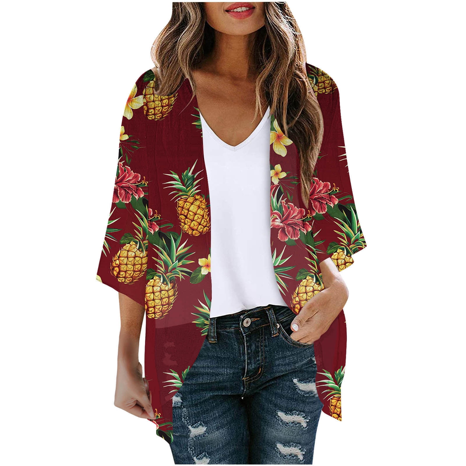 Camisunny Women's Chiffon Printed Cardigan Kimono - Beach Cover Up, Bikini Robe, Dark Pink XX-Large