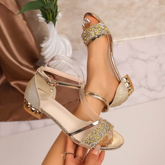 BADHUB Womens Low Block Chunky Heels Sandals Sparkly Rhinestone Open Toe Ankle Strap Dress Sandals Shoes Party Wedding Gold 38