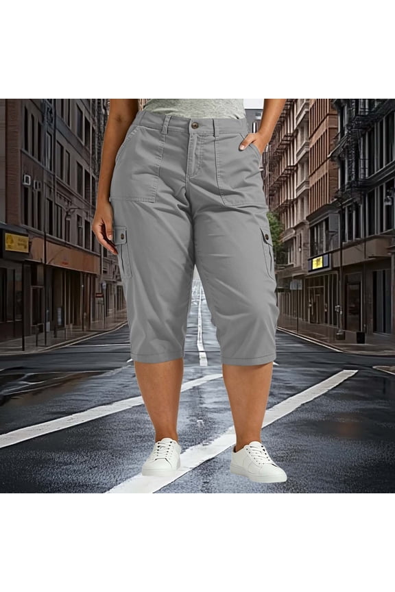 Womens Oversize Cargo Capris with Pockets Stretch Lightweight Casual Cargo Pants Rolled Summer Cropped Outdoor Trousers Gray XL