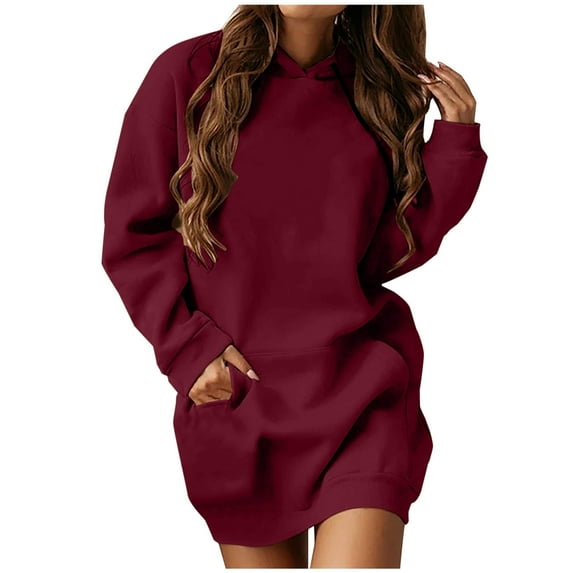 BADHUB Womens Oversized Long Sleeve Drawstring Hoodie Dress, Solid Color Hooded Sweatshirt Dress Loose Casual Tunic Sweatshirt Pullover Midi Dresses with Pockets Red XXL