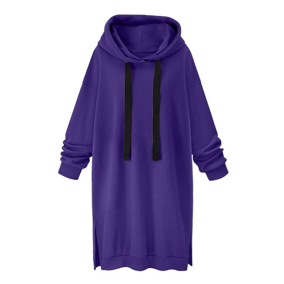 BADHUB Womens Oversized Long Sleeve Drawstring Hoodie Dress, Solid Color Hooded Sweatshirt Maternity Pullover Maxi Dress Dresses Side Slit Pocket Hoodie Tops on Clearance Purple M