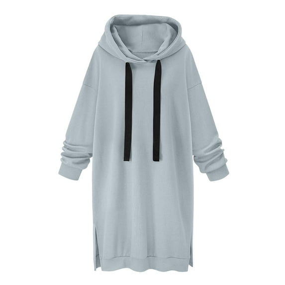 BADHUB Womens Oversized Long Sleeve Drawstring Hoodie Dress, Solid Color Hooded Sweatshirt Maternity Pullover Maxi Dress Dresses Side Slit Pocket Hoodie Tops on Clearance Gray XL