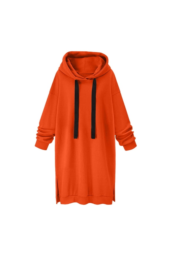 Womens Oversized Long Sleeve Drawstring Hoodie Dress, Solid Color Hooded Sweatshirt Maternity Pullover Maxi Dress Dresses Side Slit Pocket Hoodie Tops Orange XL