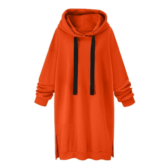 BADHUB Womens Oversized Long Sleeve Drawstring Hoodie Dress, Solid Color Hooded Sweatshirt Maternity Pullover Maxi Dress Dresses Side Slit Pocket Hoodie Tops Orange M