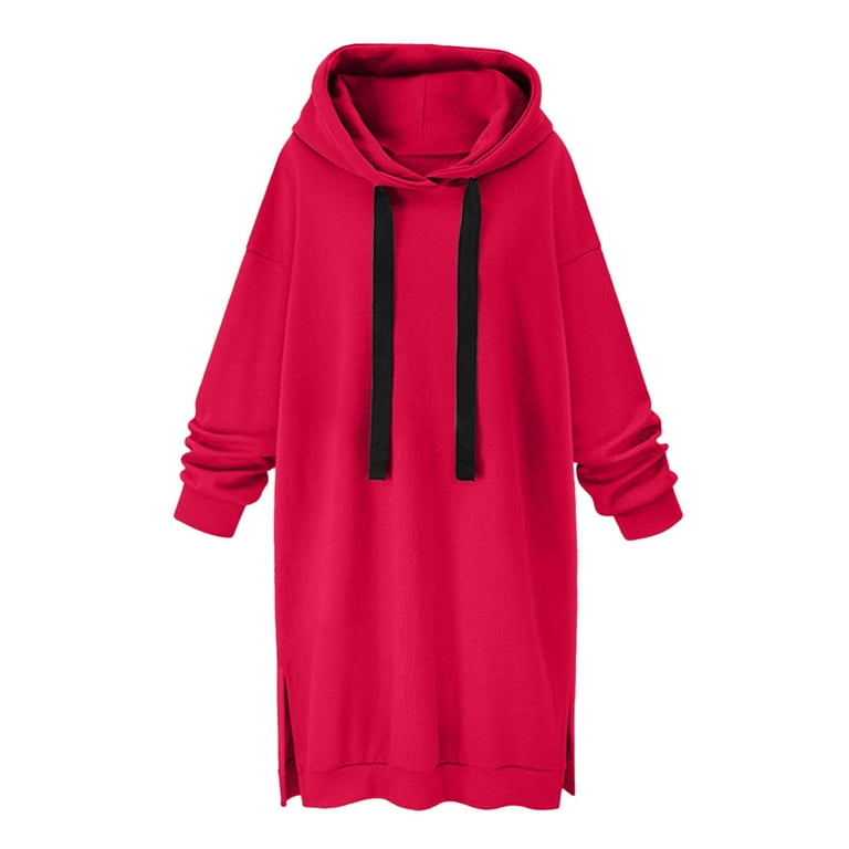 BADHUB Womens Oversized Long Sleeve Drawstring Hoodie Dress Solid Color Hooded Sweatshirt Maternity Pullover Maxi Dress Dresses Side Slit Pocket Hoodie Tops on Clearance Red M Walmart