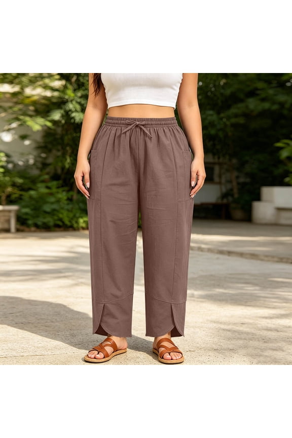 Womens Plus Size Linen Pants with Pockets Wide Leg Boho Ankle Length Baggy Casual Loose Lounge Cotton Pant Brown XL