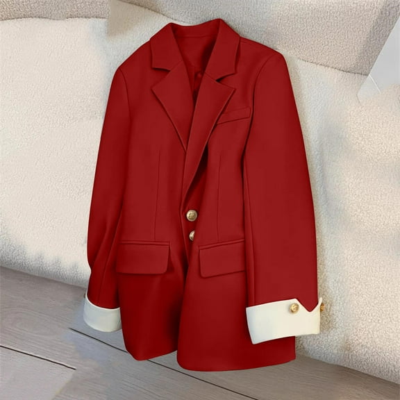 BADHUB Womens Single Breasted Long Sleeve Blazers Solid Stretch Blazer Coat Trendy Lined Jacket Notch Lapel Suit Jackets Red L