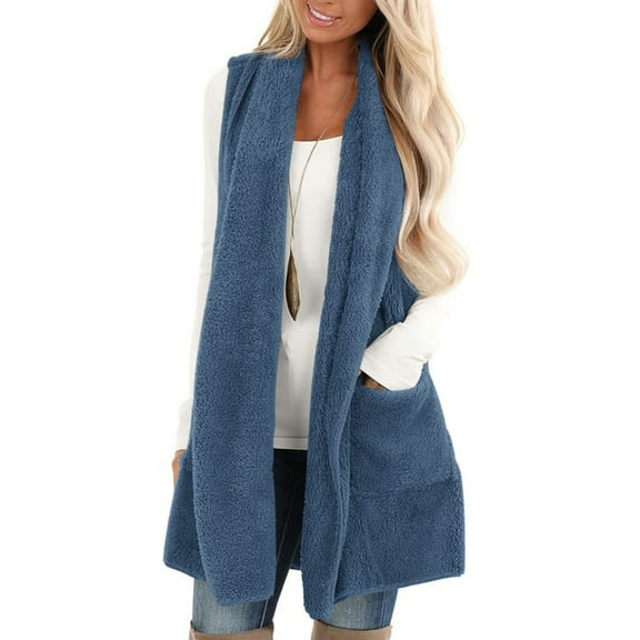BADHUB Womens Sleeveless Sherpa Vest with Pockets Lapel Open Front Fleece Cardigan Sweater Fuzzy Winter Jacket Coat Blue L