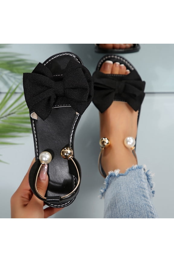 Womens Summer Cute Bow Flat Sandals with Pearl Ankle Strap Casual Open Toe Beach Slides for Vacation Daily Wear Black 36