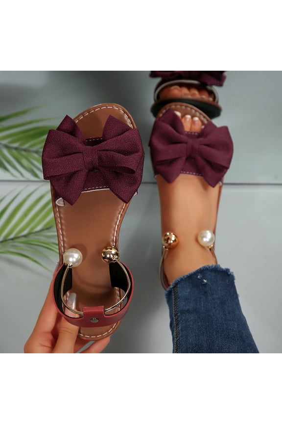 Womens Summer Cute Bow Flat Sandals with Pearl Ankle Strap Casual Open Toe Beach Slides for Vacation Daily Wear Wine 36