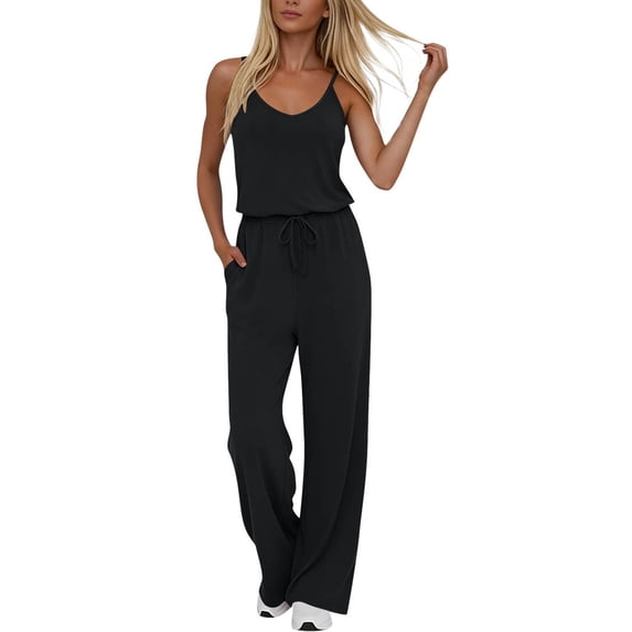 BADHUB Womens Summer Jumpsuits Sleeveless Wide Leg Pants Rompers Casual Adjustable Strap One Piece Outfits with Pockets Black 2XL