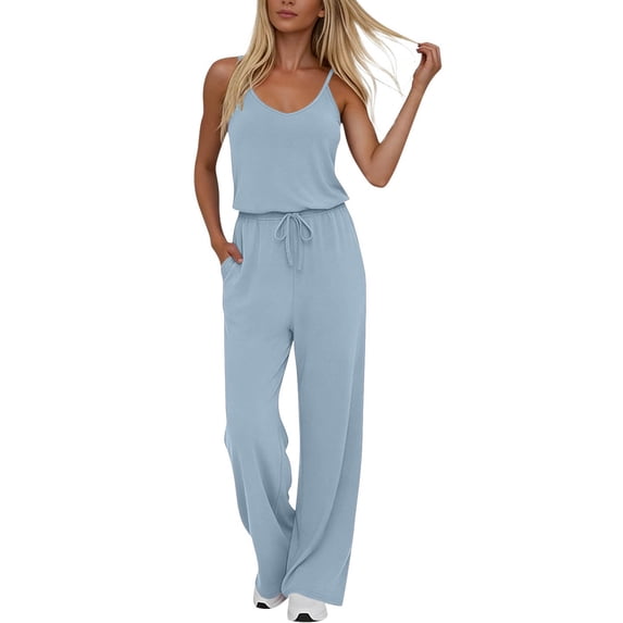 BADHUB Womens Summer Jumpsuits Sleeveless Wide Leg Pants Rompers Casual Adjustable Strap One Piece Outfits with Pockets Light Blue 2XL