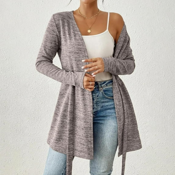 BADHUB Womens Tie Front Cardigans Lightweight Long Sleeve Open Front Shrug Sweaters Trendy Fall Shawl Cover Ups Khaki 2XL