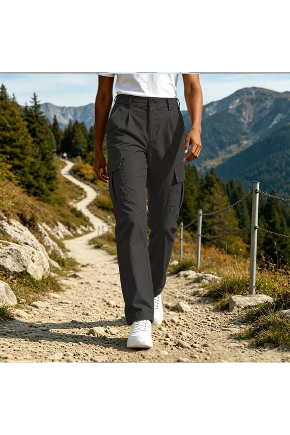 Womens Twill Chino Pant Elastic Waist Cargo Pants Straight Leg Workout Work Jogger Pant with Multi Pockets Gray M