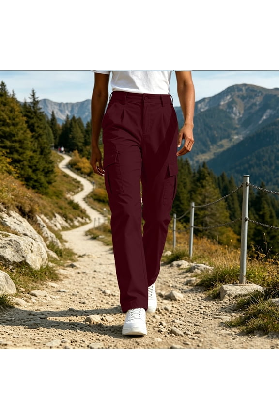 Womens Twill Chino Pant Elastic Waist Cargo Pants Straight Leg Workout Work Jogger Pant with Multi Pockets Wine L