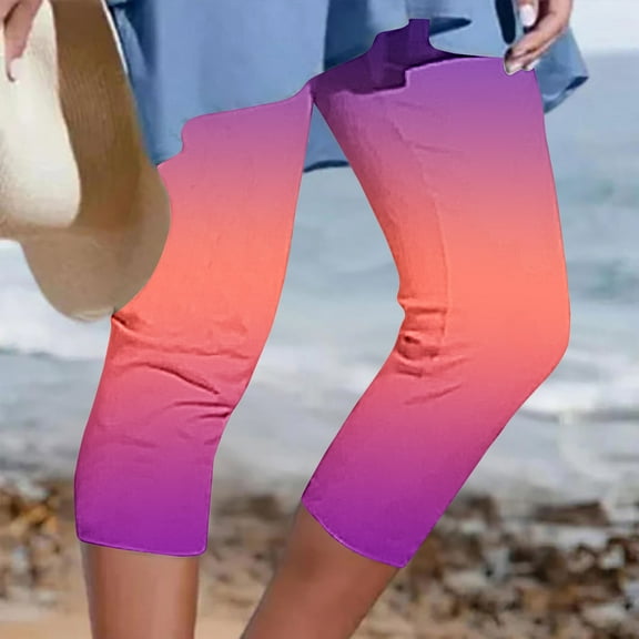 BADHUB Workout Capri Leggings for Women Gradient Print Mid-Calf Length Yoga Caoris Tummy Control High Waisted Tights Summer Casual Lounge Pants