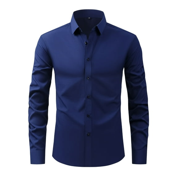 BADHUB Wrinkle Free Shirts for Men 4-Way Casual Long Sleeve Button Down Dress for Wedding Dating Navy L