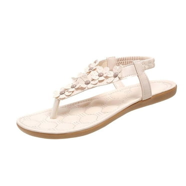 BADHUD Flower Sandals Women Flat Shoes: Dressy Summer Bohemian Flats Shoes for Women Sandals Comfortable Ankle Strap Elastic Slip on Beach Outdoor Walking Sandal