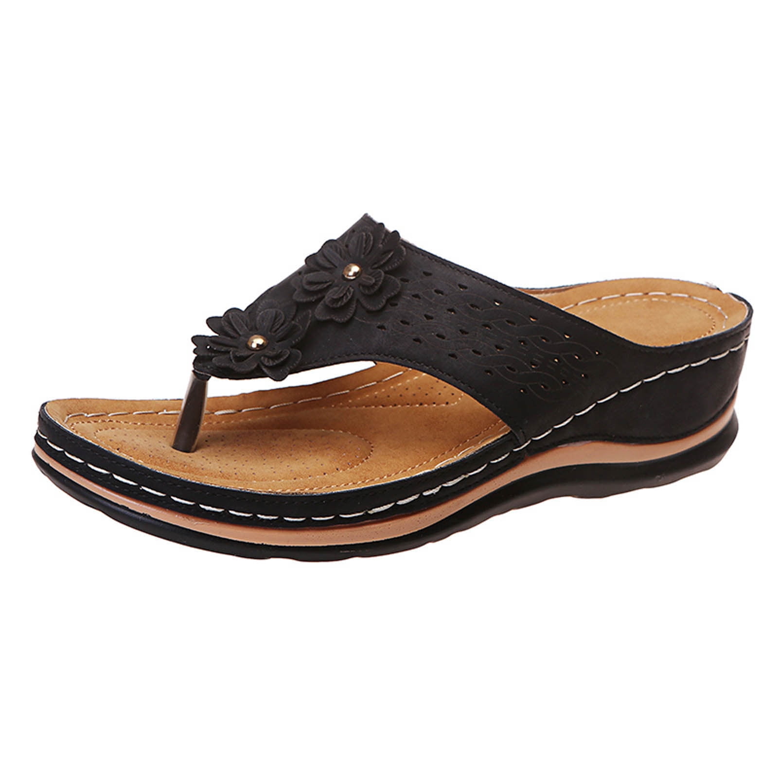 Orthopedic Sandals For Women – Arch Support Low Wedge Walking Slippers, Summer Flip Flops (Black)