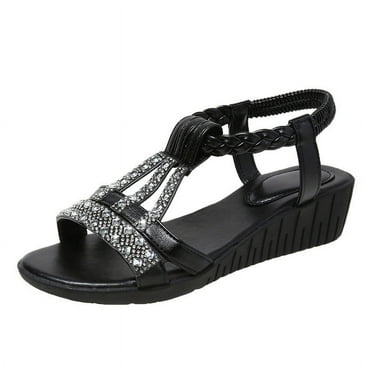 BADHUD Rhinestone Flat Sandals for womens Girls Low Wedge Sandals Cute Strappy Slip on Open Toe Slide Sandals Summer Comfortable Dress Bohemian Pearl Crystal Flat Sandals