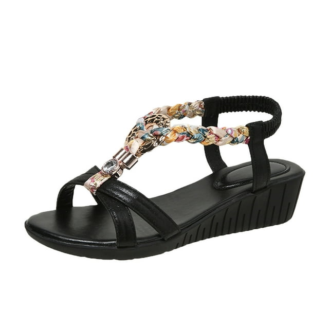 BADHUD Rhinestone Flat Sandals for womens Girls Low Wedge Sandals Cute Strappy Slip on Open Toe Slide Sandals Summer Comfortable Dress Bohemian Pearl Crystal Flat Sandals
