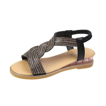BADHUD Rhinestone Flat Sandals for womens Girls Low Wedge Sandals Cute Strappy Slip on Open Toe Slide Sandals Summer Comfortable Dress Bohemian Pearl Crystal Flat Sandals