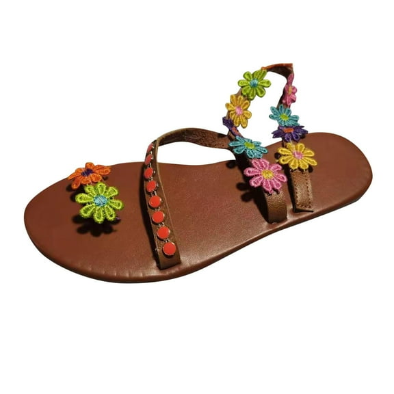 BADHUD Sandals for Women Dressy Summer Boho Flower Lace Pearl Flat Sandals Open Toe Embroidered Flowers Casual Beach Sandals Comfy Roman Shoes with Ankle Strap Sandal for Beach Vacation