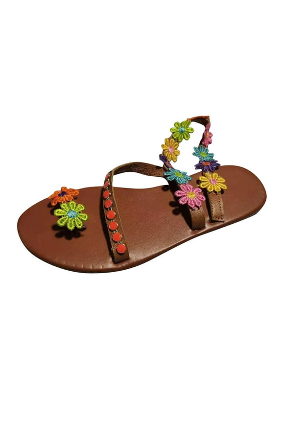 Sandals for Women Dressy Summer Boho Flower Lace Pearl Flat Sandals Open Toe Embroidered Flowers Casual Beach Sandals Comfy Roman Shoes with Ankle Strap Sandal for Beach Vacation